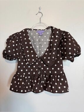 Polka Dot Blouse Cropped Brown Puff Sleeve Top